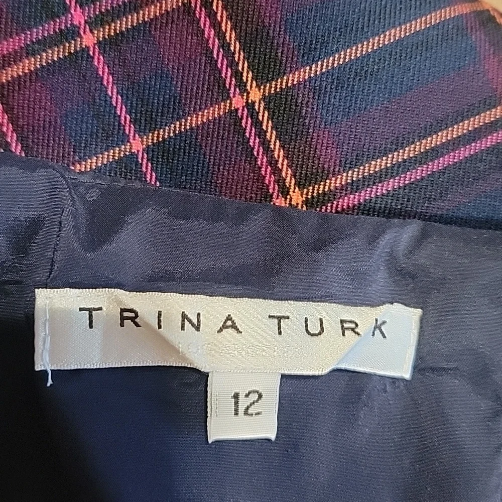 Trina Turk Size 12 Crissy Tartan Plaid Pencil Skirt Navy Blue, Pink & Orange